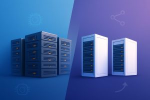 Modern server racks against a futuristic digital landscape