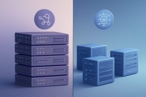 Two contrasting computer servers side by side in a futuristic data center