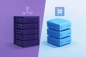 Two servers with cables representing shared and VPS hosting options