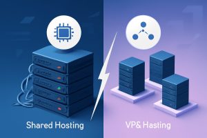 Two computers side by side, representing shared and VPS hosting comparison