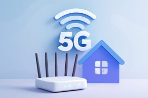 Modern living room with a sleek 5G router on a wooden table