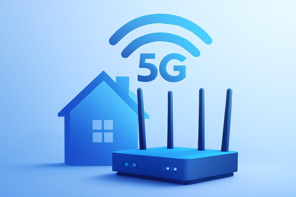Modern and sleek 5G routers with glowing indicators on tabletop