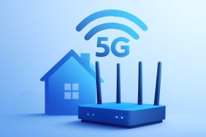 Modern and sleek 5G routers with glowing indicators on tabletop