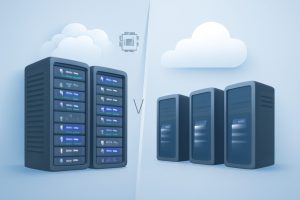 A futuristic data center with digital visualizations representing cloud services