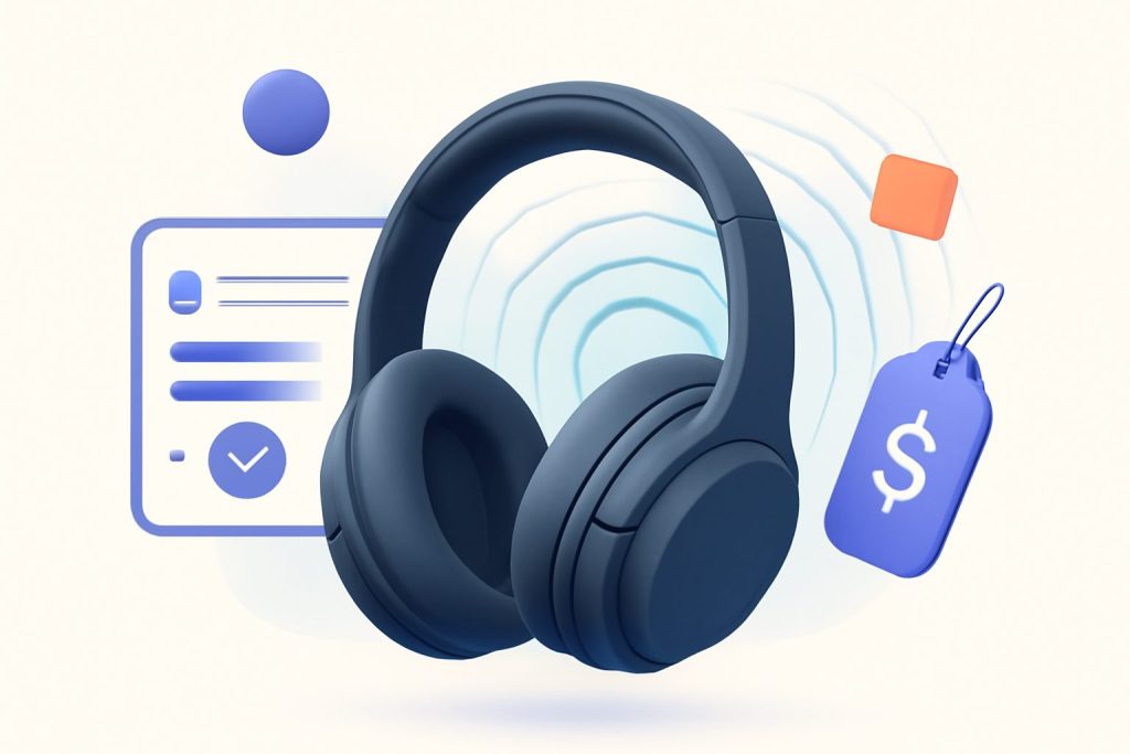 A modern pair of over-ear headphones on a sleek white surface with soft lighting