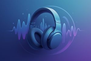 Modern headphones over ear with sleek design in a tech-focused setting