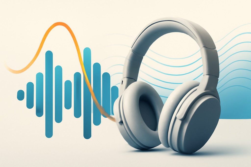 Modern noise-cancelling headphones resting on a sleek table, with a soft background