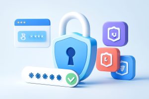 Laptop with open password manager interface showing multiple entries