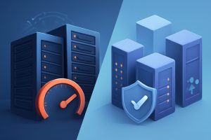 Modern data center with glowing server racks and digital technology symbols