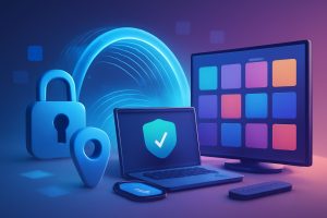 A futuristic digital world with streaming icons and a virtual private network interface