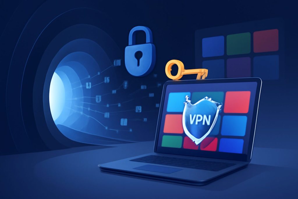 Laptop screen with VPN dashboard, open movie app, cozy living room