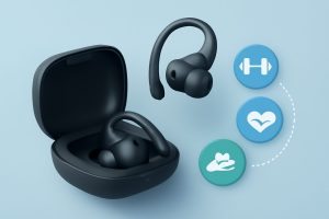 A close-up of wireless earbuds placed on a gym towel with a water bottle nearby