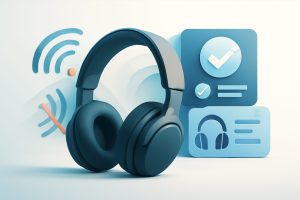 Sleek wireless headphones on a modern wooden table next to a laptop