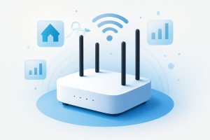 Modern wireless router on a desk with a sleek design, glowing LED lights