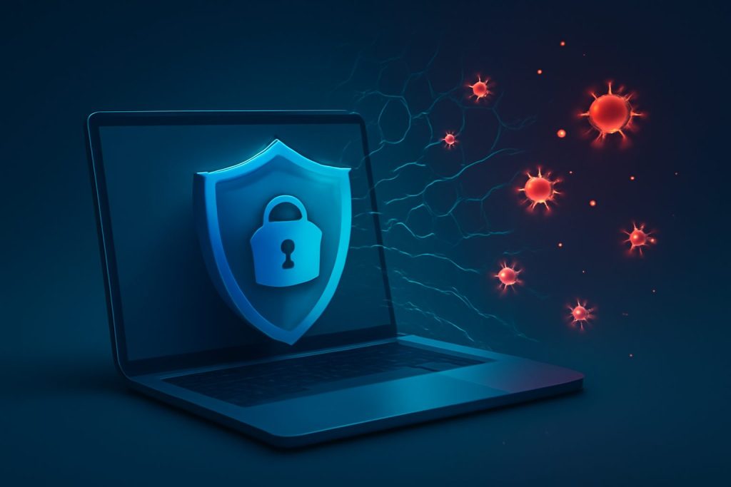 Digital shield icons on a futuristic interface over a dark background