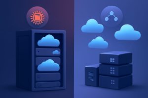 Illustration of five cloud servers in futuristic digital setting