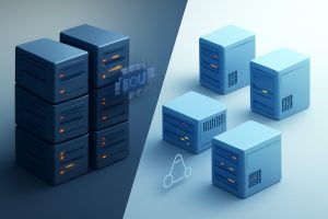 Modern office workspace with multiple glowing servers