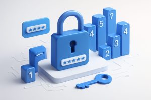 A diverse group of people using laptops and smartphones with security icons