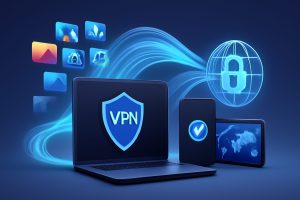 Multiple digital screens displaying different VPN interfaces side by side