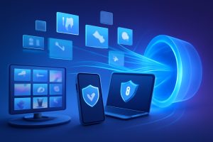 A modern digital landscape with futuristic icons representing VPN services