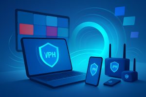 Various digital devices displaying VPN interfaces with global network imagery