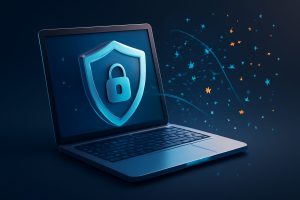 Digital cybersecurity concept with shield graphic in a futuristic setting