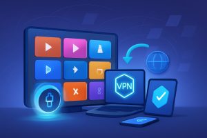 Digital devices streaming content with global network icons