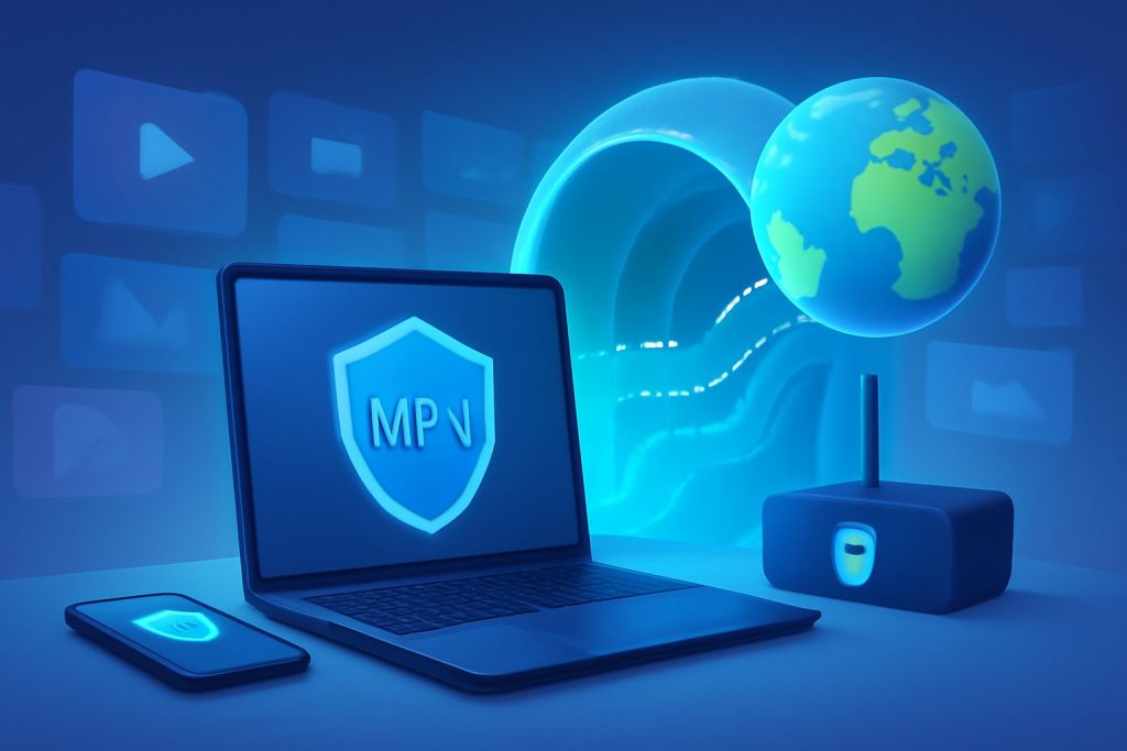 Person working on a laptop in a modern home office with a VPN interface on screen