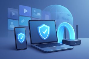 Professional working remotely using a secure VPN on a laptop