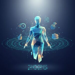 A professional at a sleek, minimalist desk in a modern office, interacting seamlessly with a holographic user interface that visualizes data and tasks, symbolizing enhanced productivity through AI.