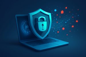 Futuristic interface displaying various AI security metrics on a blue background