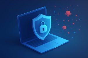 Five open laptops displaying antivirus software interfaces on screens
