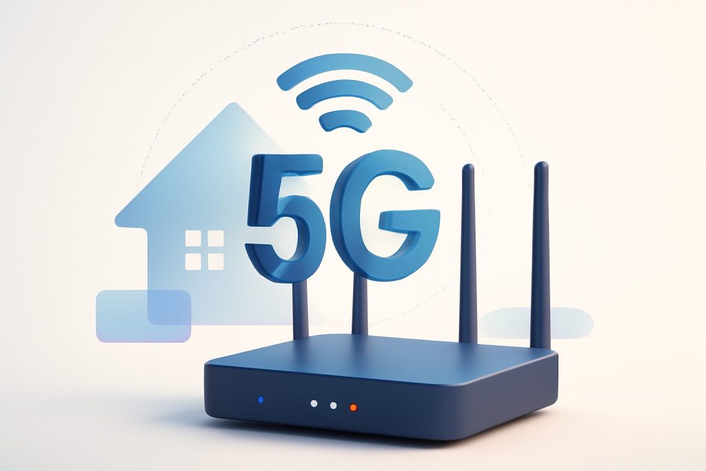 A sleek, modern 5G router sitting on a wooden desk with soft ambient lighting