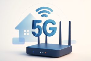 A sleek, modern 5G router sitting on a wooden desk with soft ambient lighting