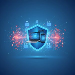 A digital shield formed by glowing data points protecting a small business storefront silhouette, representing AI-powered cybersecurity.