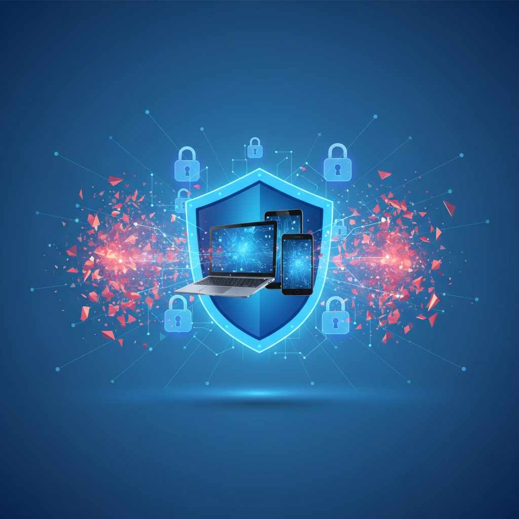 A digital shield formed by glowing data points protecting a small business storefront silhouette, representing AI-powered cybersecurity.