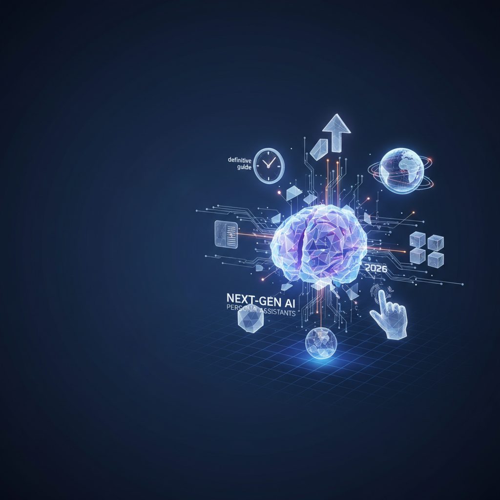 A sleek, minimalist desktop setup with a holographic projection of an AI assistant interacting with a user, showcasing productivity in a modern office.