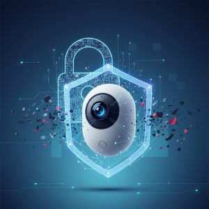 A sleek, modern AI-powered home security camera, subtly integrated into a contemporary smart home interior, focusing on privacy with digital data representation.