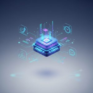 A professional interacting with sleek, futuristic holographic interfaces displaying data and workflow optimizations, symbolizing advanced AI productivity tools in a modern office environment.