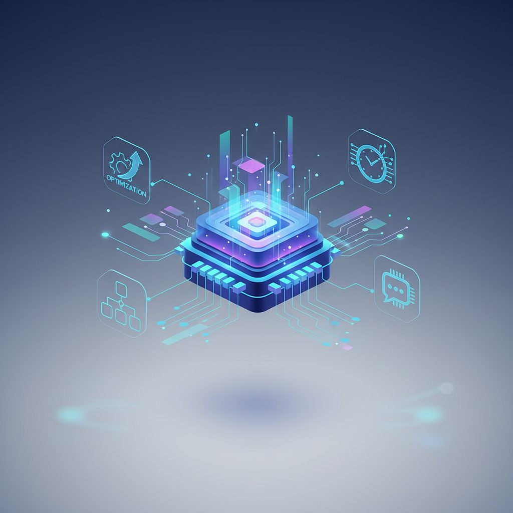 A professional interacting with sleek, futuristic holographic interfaces displaying data and workflow optimizations, symbolizing advanced AI productivity tools in a modern office environment.