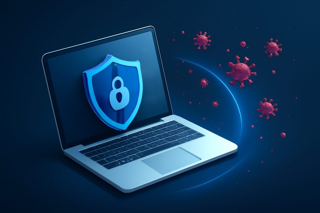 A modern workspace with a laptop displaying antivirus software interface