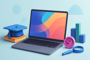 Group of modern laptops with diverse backgrounds on a stylish desk
