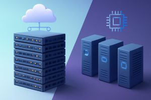 Modern server racks with glowing lights in a dimly lit data center