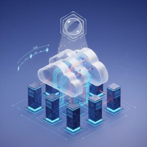 A futuristic data center with glowing servers and interconnected network lines, symbolizing secure and high-performance cloud storage solutions for advanced users.