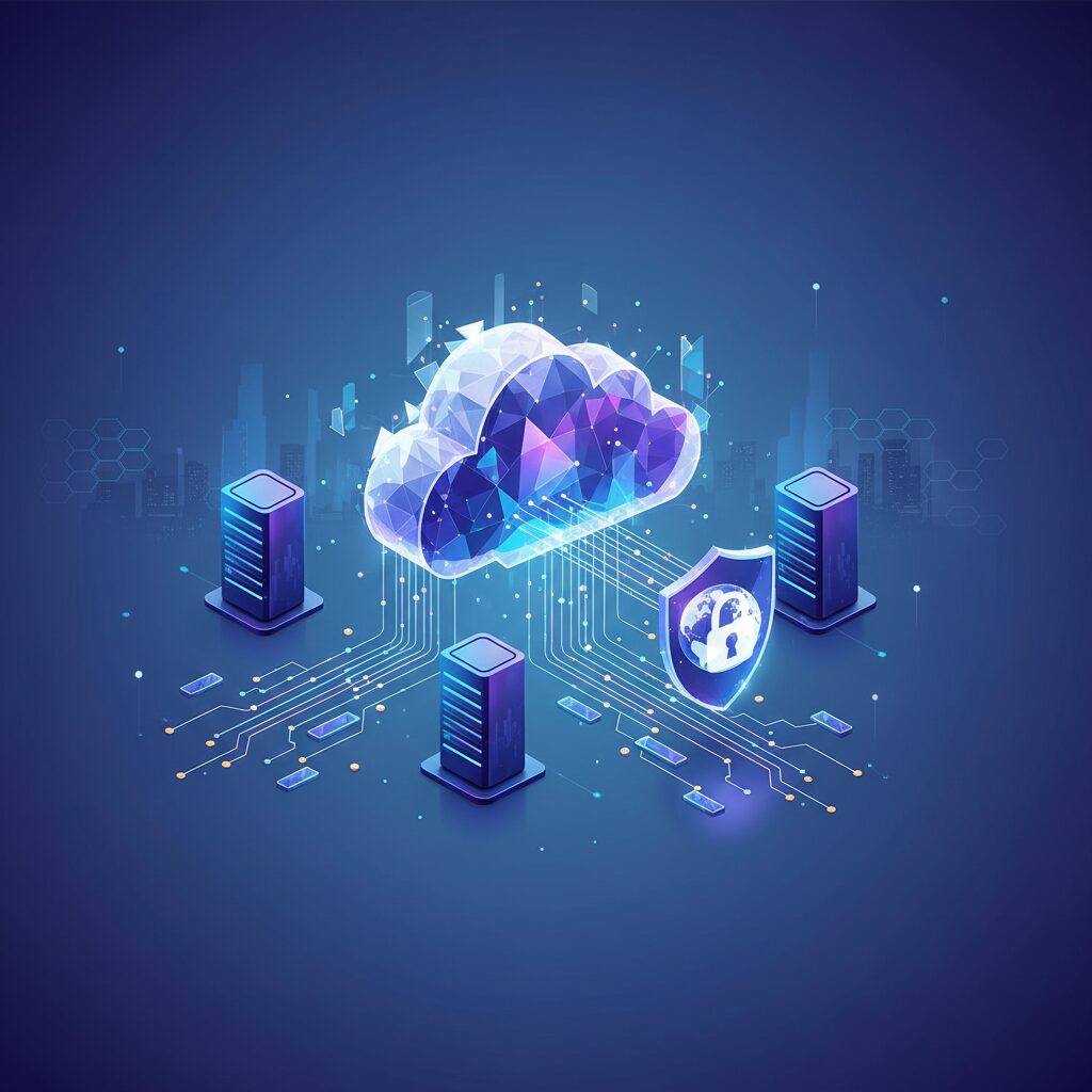 A futuristic data cloud connecting multiple devices like laptops, tablets, and smartphones, symbolizing secure and accessible digital storage for 2026.