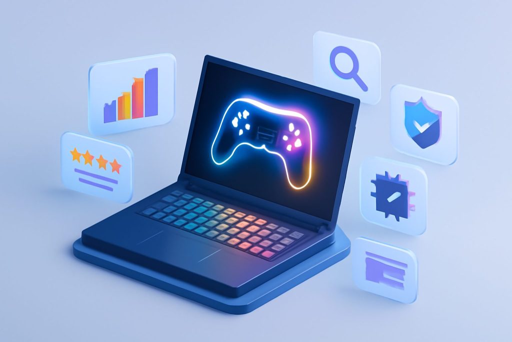 A sleek high-performance gaming laptop with colorful LED keyboard on a desk