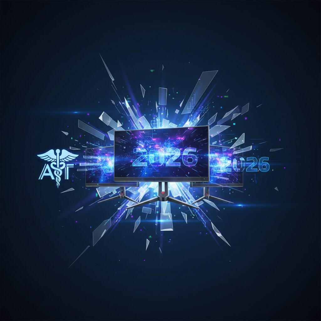 A sleek, futuristic gaming monitor displaying a vibrant, fast-paced action game in a modern gaming setup, with subtle RGB lighting.