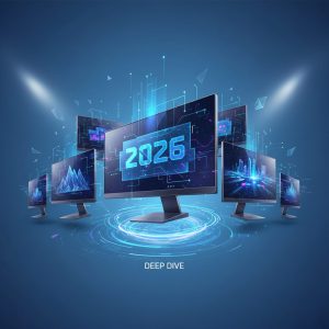 A sleek, ultra-wide gaming monitor displaying a vibrant, fast-paced video game, with a mechanical keyboard and gaming mouse on a minimalist desk, reflecting future tech.