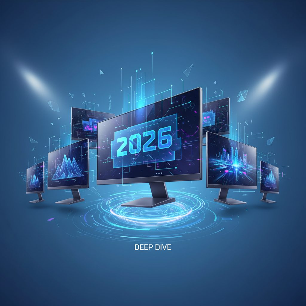 A sleek, ultra-wide gaming monitor displaying a vibrant, fast-paced video game, with a mechanical keyboard and gaming mouse on a minimalist desk, reflecting future tech.