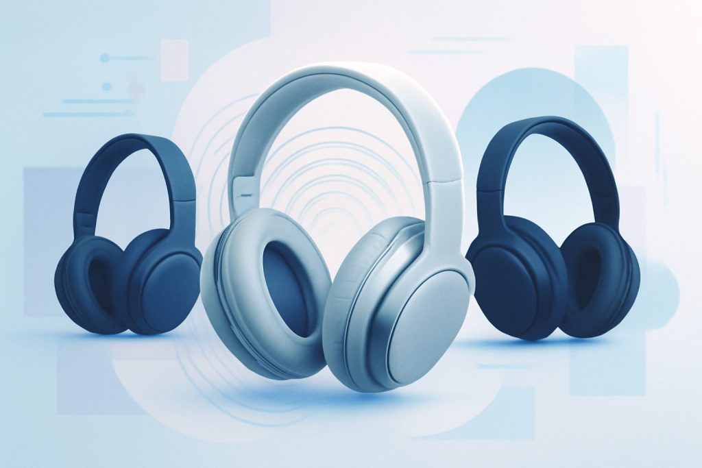 Sleek modern headphones resting on a wooden table, ambient light